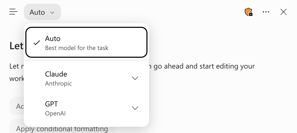 Ekrānuzņēmums ar Copilot programmā Excel modeļa izvēles izvēlni, kurā atlasīts Automātiski.