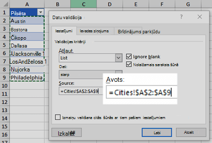 Datu validācijas saraksta opcijas
