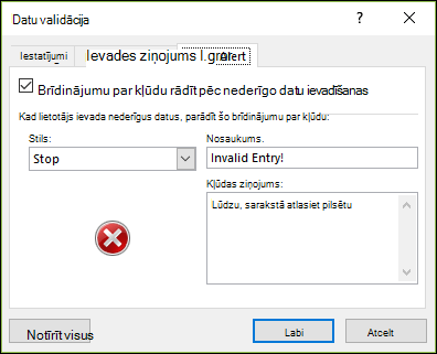 Datu validācijas nolaižamā lodziņa kļūdas ziņojuma opcijas