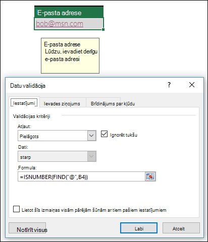 Datu validācijas piemērs, kurā nodrošināta e-pasta adrese ar simbolu @