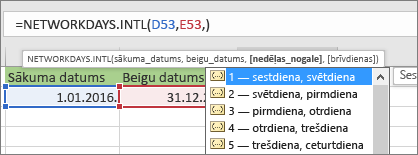 Intellisense saraksts rāda 2 — svētdiena, pirmdiena; 3 — pirmdiena, otrdiena utt.