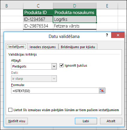 2. piemērs. Formulas datu validācijā