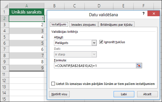4. piemērs. Formulas datu validācijā