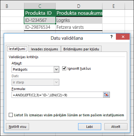 6. piemērs. Formulas datu validācijā