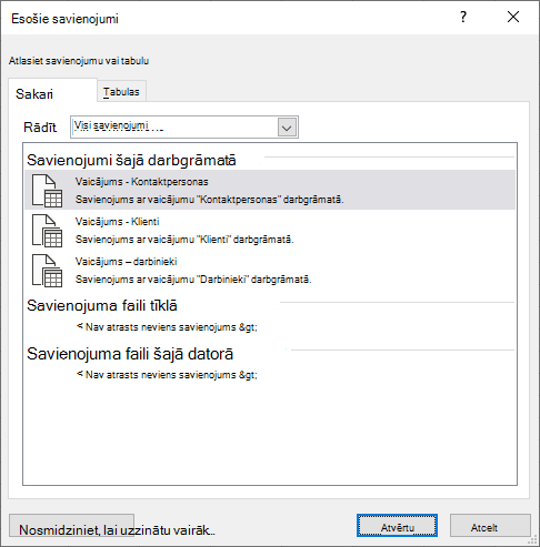 Esošais Connectios dialoglodziņš programmā Excel parāda darbgrāmatā pašlaik izmantoto datu avotu sarakstu