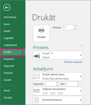 Noklikšķiniet uz Fails > Drukāt, lai priekšskatītu darblapu