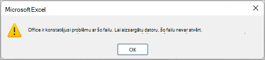 Dialoglodziņš ar paziņojumu, ka programma Excel ir konstatējusi problēmu ar šo failu un to nevar atvērt.