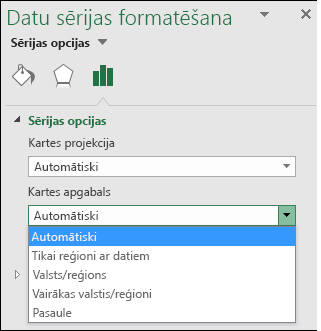 Excel kartes diagrammas kartes apgabala opcijas
