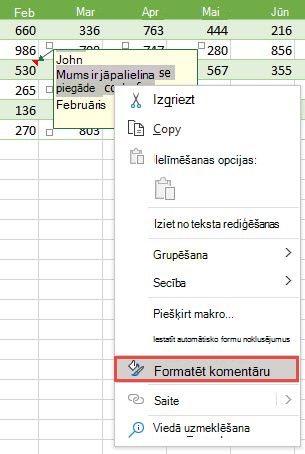 Formatējiet komentāru, atlasot formatējamo tekstu, pēc tam ar peles labo pogu noklikšķiniet un atlasiet Formatēt komentāru.