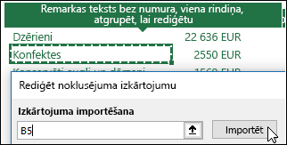 Esošu rakurs​​​tabulas iestatījumu importēšana, atlasot jebkuru rakurs​​​tabulu un noklikšķinot uz Importēt