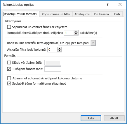 Dialogs Rakurstabulas opcijas