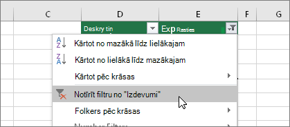 Filtru izvēlne, Notīrīt filtru no ...