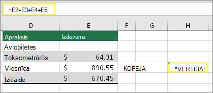 Šūna H4 ar formulu =E2+E3+E4+E5 un rezultātu #VALUE!