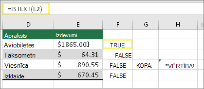 Šūna F2 ar =ISTEXT(E2) un rezultātu TRUE