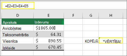 H4 ar formulu =E2+E3+E4+E5 un rezultātu #VALUE!