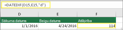 Šūna D15 ar 01.01.2016., šūna E15 ar 24.04.2016., šūna F15 ar formulu =DATEDIF(D15,E15,d) un rezultātu 114