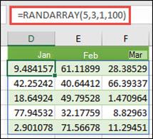 Funkcija RANDARRAY ar argumentiem Min, Max & decimāldaļas