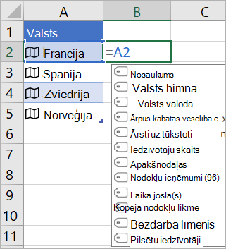 A2 šūna satur Franču; Šūna B2 satur =A2. un tiek parādīta formulas automātiskās aizpildīšanas izvēlne ar saistītā ieraksta laukiem