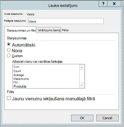 Starpsummas & dialoglodziņa Lauka iestatījumi cilne Filtri