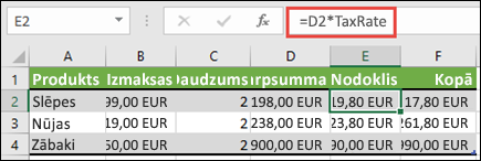 Piemērs, kurā tiek lietots nosaukts diapazons
