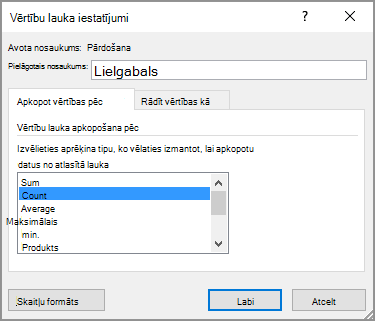 Vērtību lauka iestatījumu dialoglodziņš