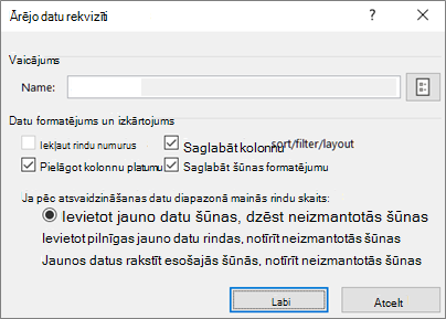 Dialoglodziņa Ārējā diapazona rekvizīti piemērs