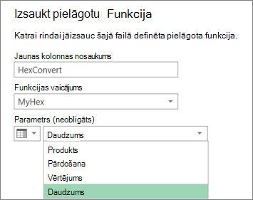 Dialoglodziņš Pielāgotas funkcijas izsaukšana