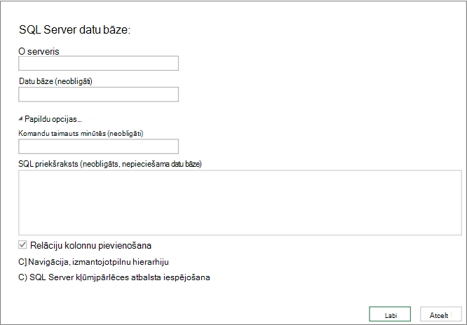 Dialoglodziņš SQL Server datu bāze