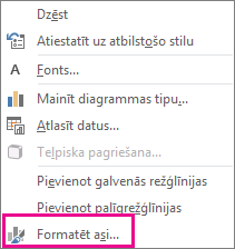 Ekrānuzņēmums, kurā redzama īsinājumizvēlnes komanda Formatēt asi.