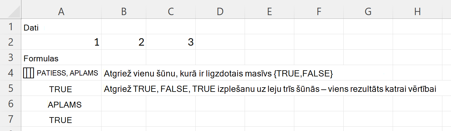 HAS atgriež TRUE un FALSE vienā ligzdotā masīva šūnā un TRUE, FALSE, TRUE trīs šūnās uz leju