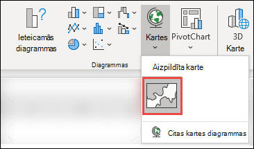 Lai ievietotu kartes diagrammu, atlasiet jebkuru šūnu datu diapazonā un pēc tam dodieties uz Ievietot > diagrammas > Kartes > atlasiet aizpildītās kartes ikonu.