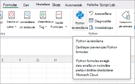 Dodieties uz Formulas un pēc tam atlasiet Ievietot Python.