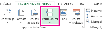Cilnē Lappuses izkārtojums noklikšķiniet uz Pārtraukumi