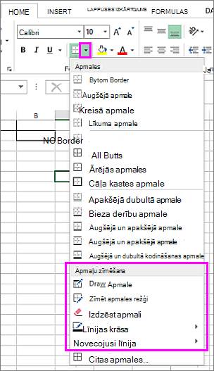 Apmales nolaižamā izvēlne, lai izvēlētos apmales zīmēšanas opcijas