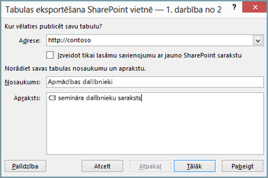 eksportēšanas uz SharePoint vedņa dialoglodziņš