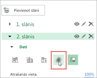 Ekrānuzņēmums, kurā slāņu rūtī redzama temperatūras kartes ikona.