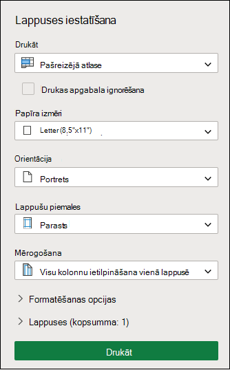 Drukāt pašreizējo atlasi programmā Excel tīmeklim
