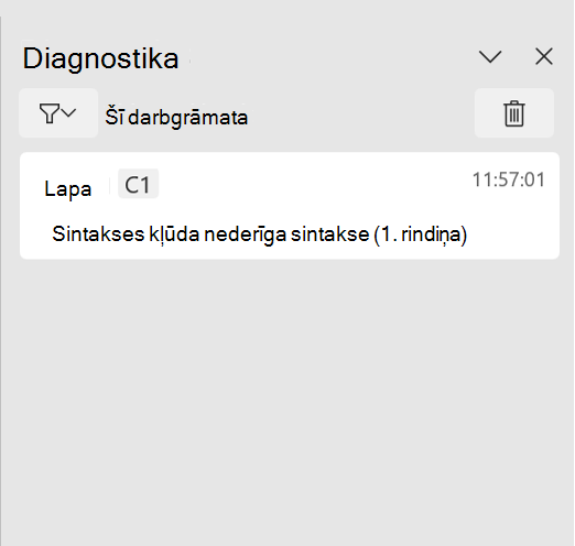 Uzdevumrūts Python programmā Excel diagnostika, kurā redzama sintakses kļūda.