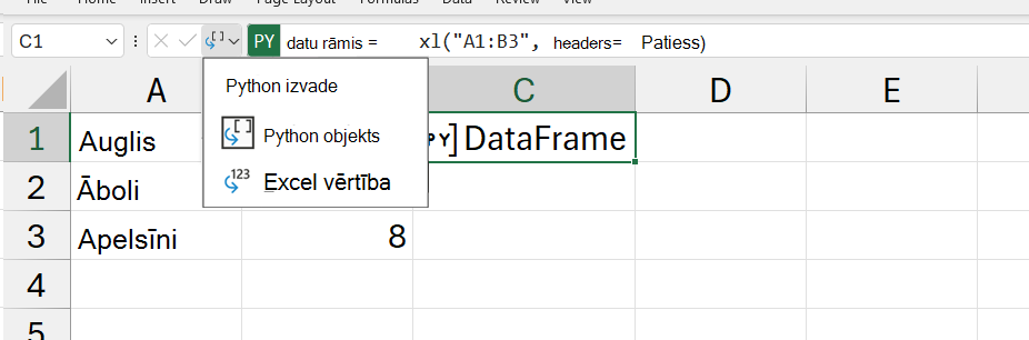 Atveriet Python izvades izvēlni programmā Excel.