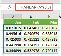 Funkcija RANDARRAY programmā Excel. RANDARRAY(5;3) atgriež nejaušas vērtības no 0 līdz 1 masīvā, kas ir 5 rindas ar 3 kolonnām.
