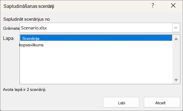 Ekrānuzņēmums, kurā redzams dialoglodziņš Scenāriju sapludināšana.