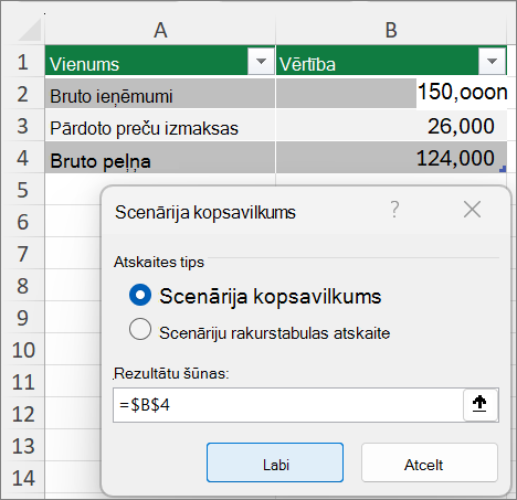 Ekrānuzņēmums, kurā redzams scenāriju kopsavilkuma dialoglodziņš