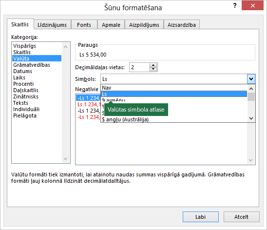 Valūtas simbola atlase dialogā Šūnu formatēšana
