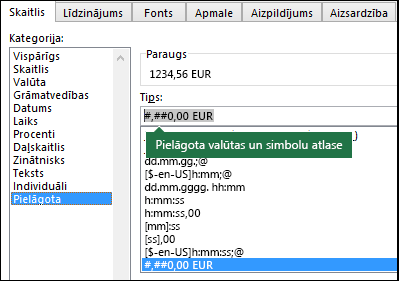 Funkcija TEXT — pielāgota valūta ar simbolu