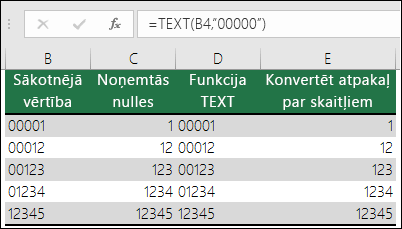 TEXT lietošanas piemēri sākuma nuļļu formatēšanai. =TEXT(A2,00000)