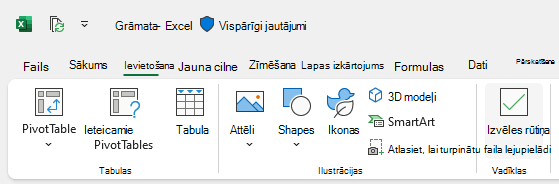 Izvēles rūtiņas ievietošanas poga cilnē Ievietošana