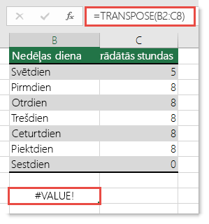 Kļūda #VALUE! funkcijā TRANSPOSE