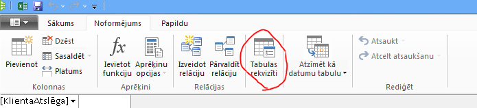 PowerPivot loga lente ar tabulas rekvizītu komandu