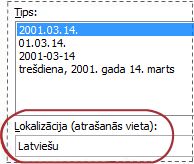 Dialoglodziņā Šūnu formatēšana atlasīts lokalizācijas lodziņš