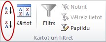 Kārtošanas pogas Excel cilnes Dati grupā Kārtot & filtrēt